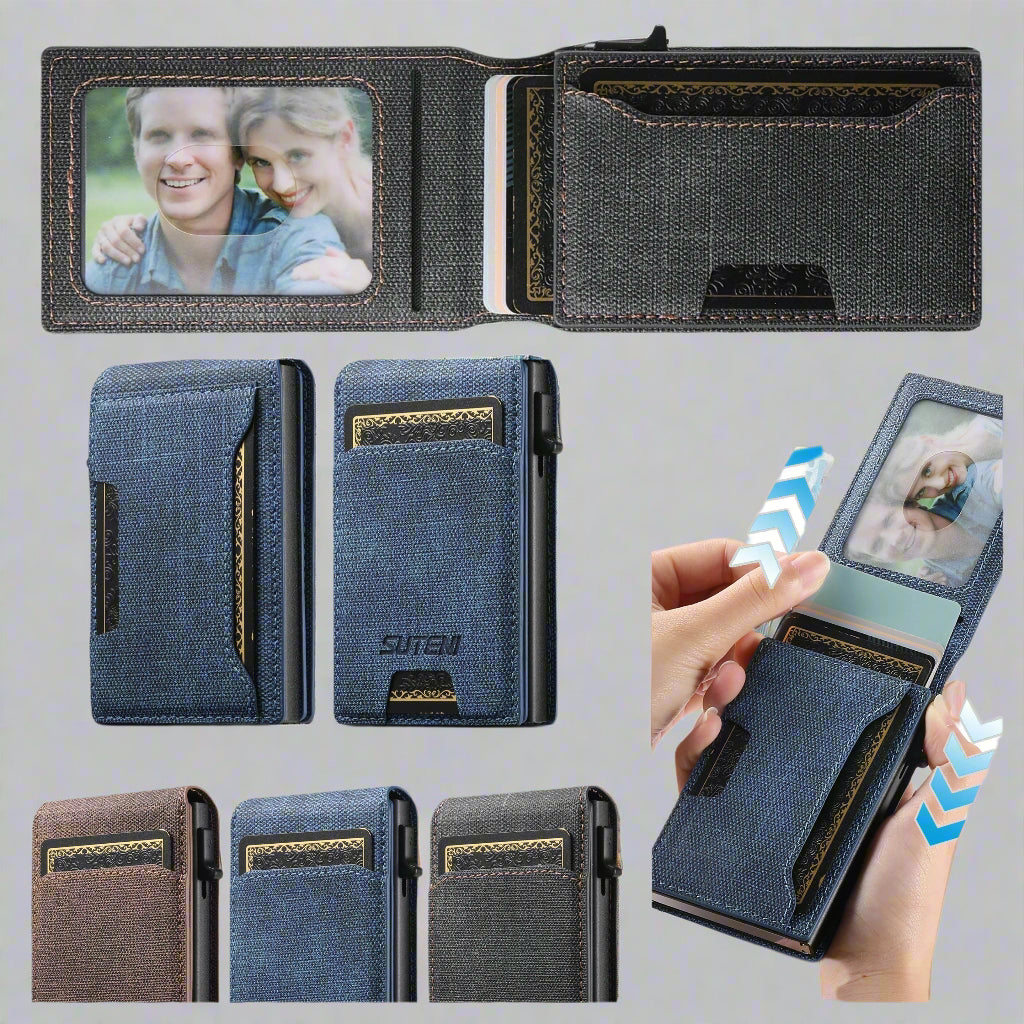 Collage of a blue wallet with card slots and photo frame, featuring SUREN branding.