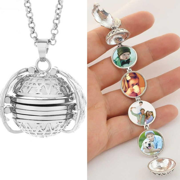 Elegant Angel Wings 6-Photo Locket Necklace - Indigo-Temple