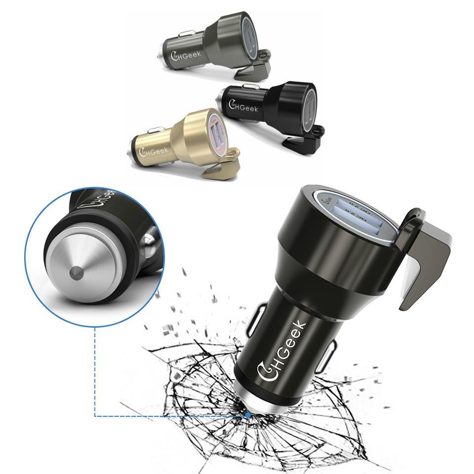 Fast Dual Car Charger With Escape Hammer & Belt Cutter - Indigo-Temple