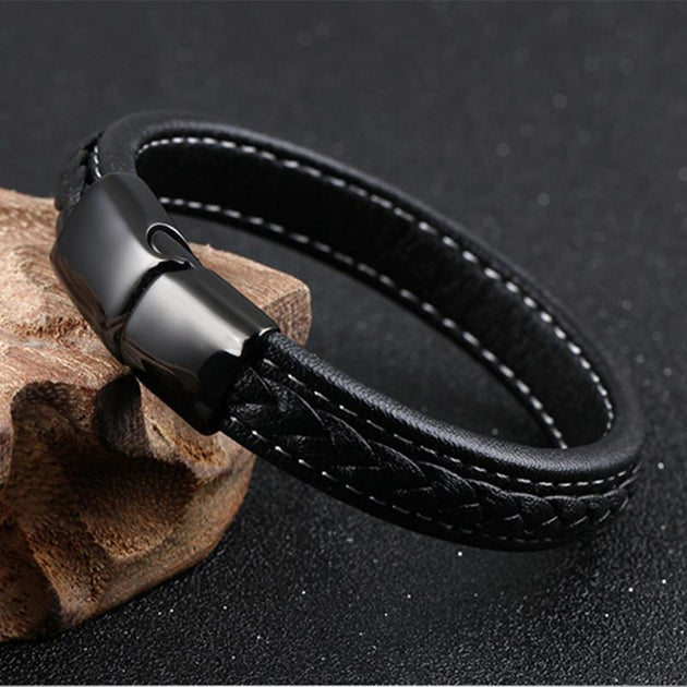 SAMU - Stainless Steel Magnetic Clasps Black Leather Bracelet - Indigo-Temple