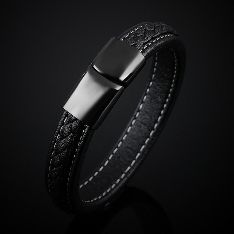 SAMU - Stainless Steel Magnetic Clasps Black Leather Bracelet - Indigo-Temple