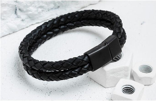 TOR- Double Layer Braided Genuine Leather Bracelet - Indigo-Temple