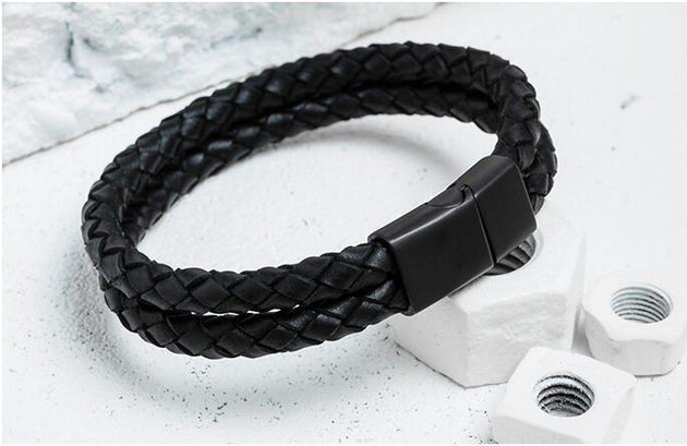 TOR- Double Layer Braided Genuine Leather Bracelet - Indigo-Temple