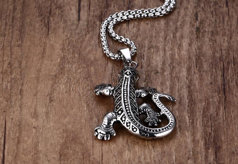 Gecko Pendant Stainless Steel Chain Necklace - Indigo-Temple