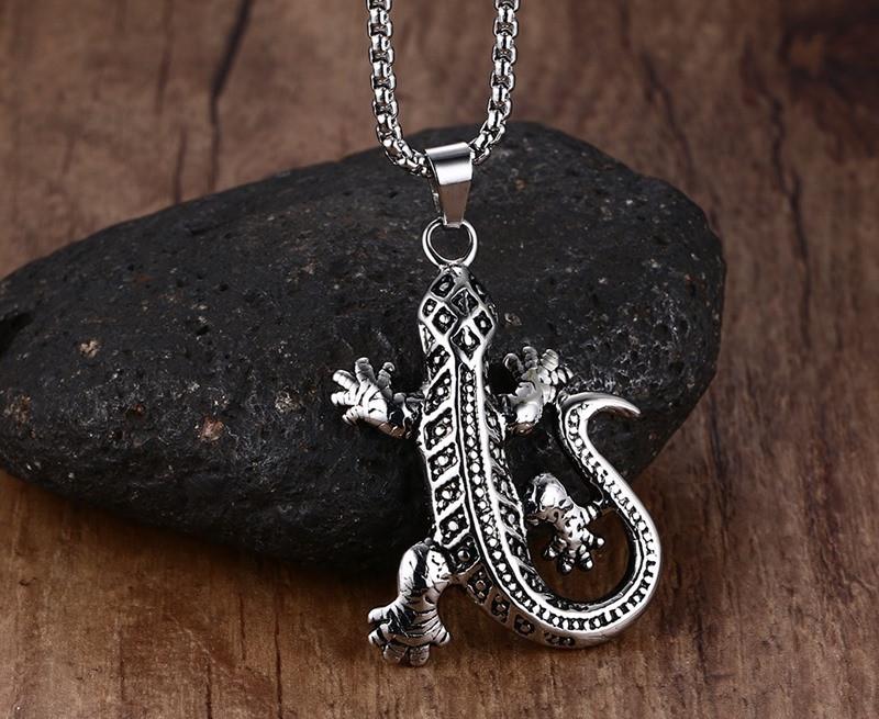 Gecko Pendant Stainless Steel Chain Necklace - Indigo-Temple