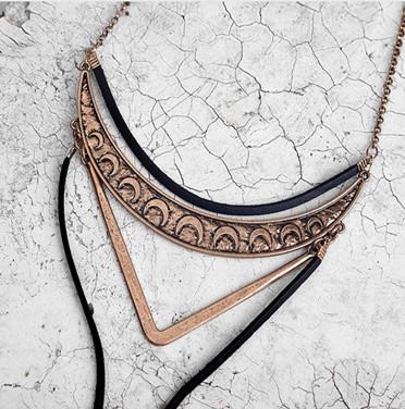 Boho Black Leather Alloy Choker Necklace - Indigo-Temple