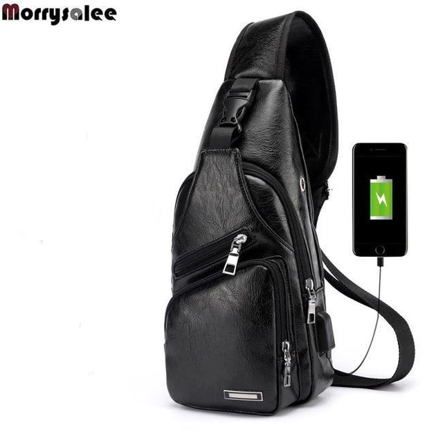 Single-Strap Leather Sling Bag with USB Port - Indigo-Temple