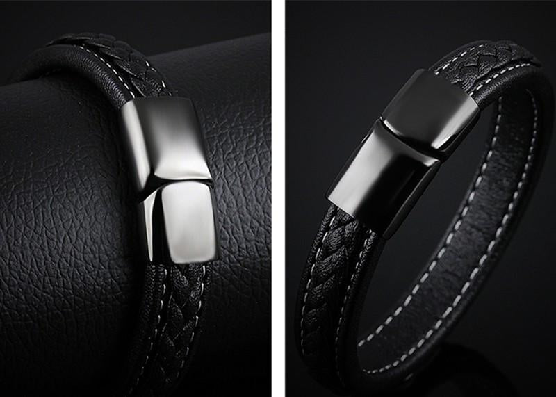 SAMU - Stainless Steel Magnetic Clasps Black Leather Bracelet - Indigo-Temple