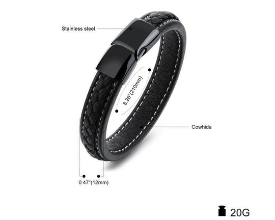 SAMU - Stainless Steel Magnetic Clasps Black Leather Bracelet - Indigo-Temple