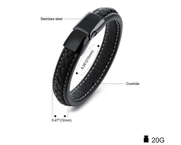 SAMU - Stainless Steel Magnetic Clasps Black Leather Bracelet - Indigo-Temple