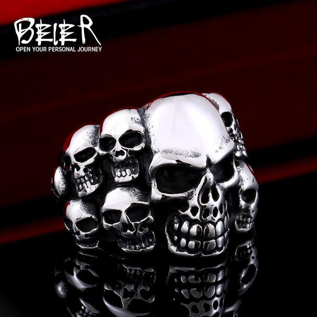 Stainless Steel Multi-Skull Ring - Indigo-Temple
