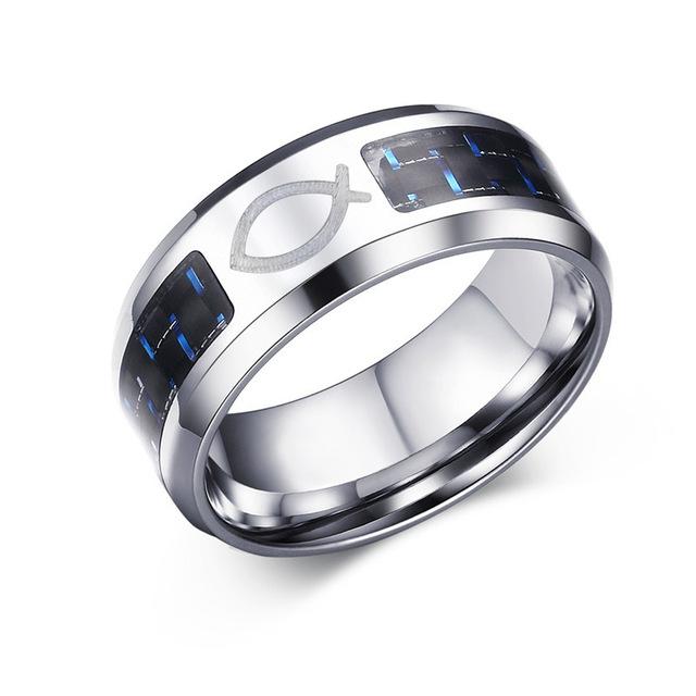 Engraved Symbol Carbon Fiber Blue-Glow Ring - Indigo-Temple