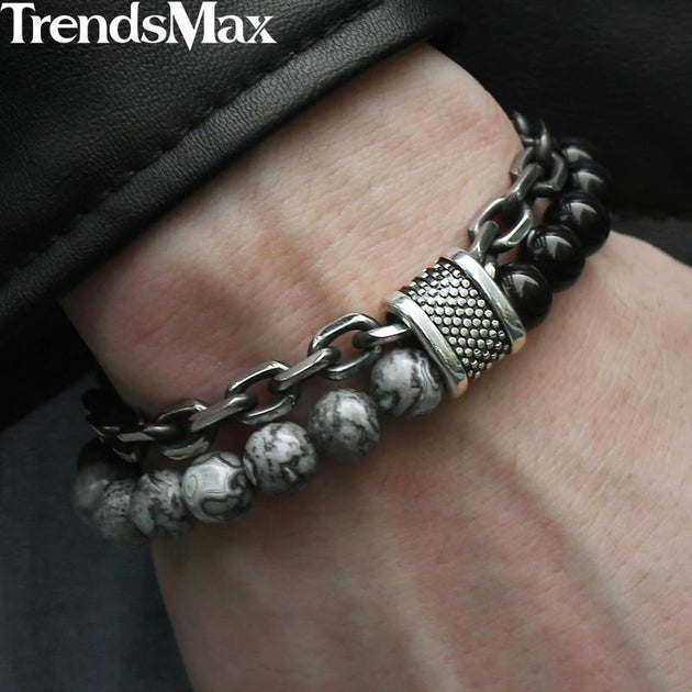 TrendsMax™ Stone Beaded Men's Chain Bracelet - Indigo-Temple