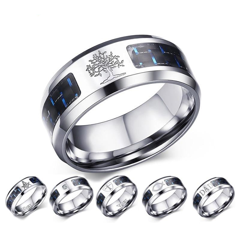 Engraved Symbol Carbon Fiber Blue-Glow Ring - Indigo-Temple