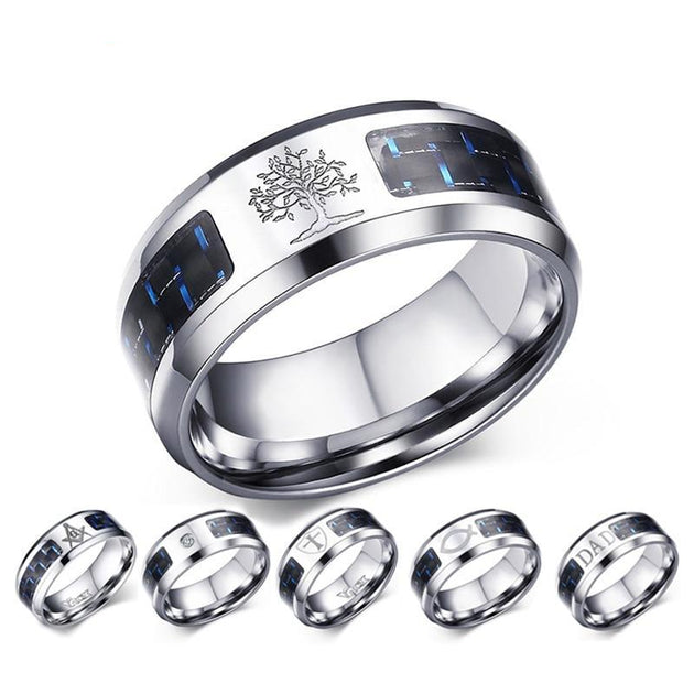 Engraved Symbol Carbon Fiber Blue-Glow Ring - Indigo-Temple